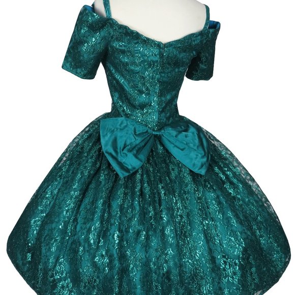 Vintage 80s Gunne Sax Green Metallic Lurex Floral Lace Full Skirt Prom Dress S - Picture 5 of 12